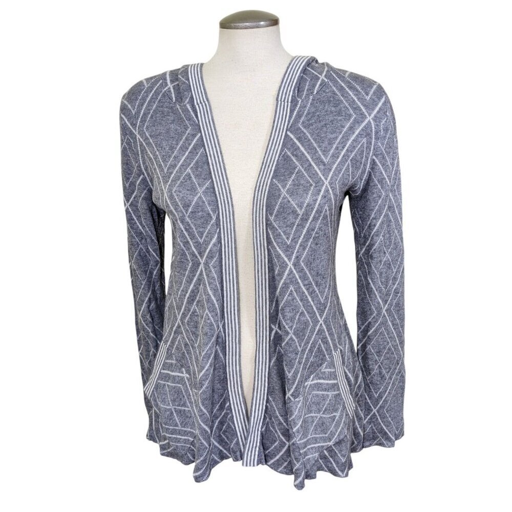 Belldini Open Front Hooded Cardigan Sweater Womens Size M Gray White Geo Print